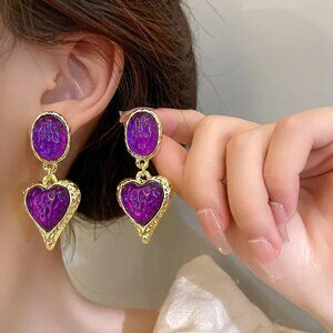 NEW Valentina Retro 90's Purple and Gold Heart Drop Statement Earrings